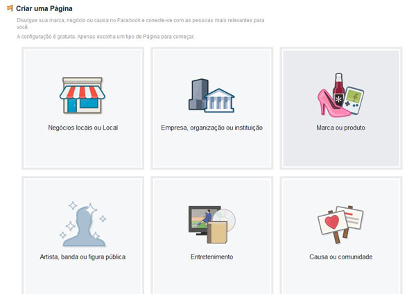 como criar uma página no facebook - categorias